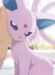  1boy blurry blurry_background commentary_request espeon forehead_jewel forked_tail highres indoors looking_at_viewer open_mouth petting poke_ball_print pokemon pov purple_eyes purple_fur rumine_(yoshi1234567) smile tail 