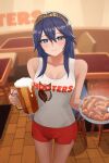  1girl alcohol alternate_costume bare_shoulders beer beer_mug blue_eyes blue_hair chicken_(food) clothes_writing commentary_request cowboy_shot cup fire_emblem fire_emblem_awakening food holding holding_cup holding_plate hooters indoors long_hair looking_at_viewer lucina_(fire_emblem) mug pearlbbbb plate red_shorts revision short_shorts shorts smile solo standing tank_top thighs tiara very_long_hair waitress white_tank_top 