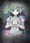  1girl azuki_(gobi_cutter) bow colored_eyelashes cowboy_shot dress empty_eyes falulu glitch green_hair grey_background grey_eyes hair_bow hands_up headphones highres jewelry long_hair looking_at_viewer necklace own_hands_together pink_bow pink_dress pretty_series pripara puffy_short_sleeves puffy_sleeves short_sleeves sidelocks smile solo standing tiara twintails 
