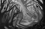  alice_margatroid back bridge capelet commentary doll dress forest greyscale hanging highres hourai_doll monochrome monster nature outdoors plant scenery shanghai_doll short_hair stairs touhou tree weapon zarisu 