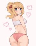  1girl :o ass bandeau bare_arms bare_shoulders blonde_hair blue_eyes blush breasts commentary cowboy_shot from_behind grey_background hair_ribbon heart highres large_breasts long_hair looking_at_viewer looking_back metroid midriff mole mole_under_mouth panties pink_panties ponytail purrlucii red_ribbon revision ribbon samus_aran sidelocks simple_background solo standing strapless thighs tube_top underwear 