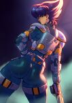  1girl armor ass bad_link blue_bodysuit bodysuit breasts fingerless_gloves from_behind gloves green_eyes gun handgun highres holding konoko lips looking_at_viewer looking_back oni_(game) playzholder purple_hair short_hair shoulder_pads skin_tight solo standing sweat thighs weapon wet 