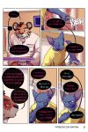 angry bastriw blue_eyes chair clothing comic dialogue domestic_cat eye_scar facial_scar felid feline felis furniture hi_res male mammal martin_(bastriw) pantherine pato_(bastriw) purple_eyes scar table text tiger