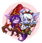  :p ;p artist_name blue_skin brown_footwear ear_piercing goggles goggles_on_head hat league_of_legends long_hair lulu_(league_of_legends) midriff multiple_girls one_eye_closed outside_border piercing poro_(league_of_legends) purple_hair purple_skin round_image shoes staff sueyen tongue tongue_out tristana very_long_hair white_hair yordle 