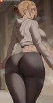  1girl alternate_costume annie_leonhardt artist_name ass ass_focus black_pants blonde_hair blue_eyes blurry blurry_background blush breasts closed_mouth facing_away highres hood hoodie huge_ass indoors large_breasts long_sleeves looking_at_viewer looking_back oroborus pants patreon_logo patreon_username shingeki_no_kyojin short_hair sidelocks solo standing steaming_body tight_clothes tight_pants updo watermark web_address white_hoodie yoga_pants 