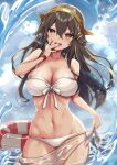  1girl absurdres bikini black_hair blue_sky breasts brown_eyes day front-tie_bikini_top front-tie_top hair_between_eyes hair_ornament hairband hairclip haruna_(kancolle) haruna_kai_ni_(kancolle) headgear highres kantai_collection large_breasts lifebuoy long_hair looking_at_viewer navel open_mouth outdoors ralf side-tie_bikini_bottom sky solo swim_ring swimsuit wading white_bikini 