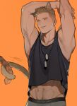  1boy animal_ears artist_name bara black_tank_top brown_hair cat_boy cat_ears cat_tail dated grey_male_underwear highres jewelry male_focus male_underwear moto23059 muscular muscular_male navel necklace orange_background piers_nivans resident_evil resident_evil_6 short_hair simple_background smile solo tail tank_top underwear 