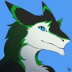 animated anthro black_body black_fur blue_eyes ear_wiggling eyebrow_wiggle fur green_body green_fur kete looking_at_viewer male sergal simple_background smile smiling_at_viewer smirk smirking_at_viewer solo thorsten_anzomi white_body white_fur