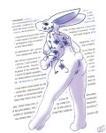 anthro anus breasts catjam_(artist) english_text female genitals glistening glistening_body glistening_eyes intense_stare lagomorph leaf leporid looking_at_viewer mammal patterned_fur porcelain porcelain_(catjam) pussy rabbit solo stretching_legs tail text