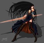 armor bare_shoulders black_hair blue_eyes boots bridal_gauntlets castlevania castlevania:_order_of_ecclesia highres long_hair shanoa solo tattoo thigh_boots thighhighs very_long_hair weapon zebrahead 