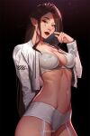  1girl breasts brown_hair cropped_jacket facial_mark garter_straps gradient_background highres inhoso jacket long_hair looking_at_viewer medium_breasts navel open_clothes open_jacket original pointy_ears red_eyes red_lips short_shorts shorts solo white_jacket white_shorts 