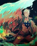 1boy beard_stubble blonde_hair blue_fire chest_tattoo facial_hair fire fish191101756 highres looking_at_viewer male_focus marco_(one_piece) one_piece open_clothes open_shirt sash short_hair solo stubble tattoo wings 