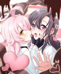  2girls ahoge black_gloves black_hair blue_archive chocolate chocolate_on_face collared_shirt female_sensei_(blue_archive) fingerless_gloves food food_on_face gloves hair_between_eyes halo heart hoshino_(blue_archive) licking licking_another&#039;s_cheek licking_another&#039;s_face long_hair long_sleeves looking_at_viewer multiple_girls open_mouth pink_hair purple_eyes rarasa_(rarasa) sensei_(blue_archive) shirt white_shirt yellow_eyes yuri 