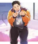  1boy absurdres bag bara brown_hair bulge facial_hair fat fat_man feet_out_of_frame goatee_stubble highres holding looking_at_viewer mature_male original osu_(osumankokuou) pants shopping_bag short_hair sideburns_stubble smile solo standing stubble thick_eyebrows thick_thighs thighs 