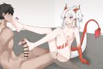  1boy 1girl absurdres arknights bar_censor barefoot breasts censored dragon_girl dragon_horns dragon_tail erection feet foot_worship footjob highres horns licking licking_foot long_hair multicolored_hair nian_(arknights) nude open_mouth pointy_ears purple_eyes red_nails soles tail toes two-tone_hair white_hair wl217_(nicexa111) 
