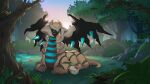  absurdres alternate_color backlighting black_wings creature dragon evening fog forest giratina grass highres leaning looking_at_another lying mujiao nature no_humans on_grass pokemon pokemon_(creature) pokemon_dppt shaymin shiny_pokemon sky sleeping spiked_wings tree water wings 