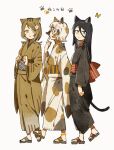  3girls :3 animal_ears ankleband black_hair black_kimono black_tail blush_stickers brown_eyes brown_hair brown_kimono calico calico_print cat_day cat_ears cat_tail clenched_hands closed_mouth commentary_request finger_to_mouth flip-flops full_body hair_between_eyes hand_to_own_mouth highres japanese_clothes kimono long_hair long_sleeves looking_at_viewer looking_to_the_side medium_hair multiple_girls nanataroo_7 obi original paw_print sandals sanpaku sash seigaiha short_hair slit_pupils tail translation_request walking white_hair wolf_cut 