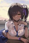  1girl belt_collar bent_over blue_skirt breasts brown_eyes brown_hair cleavage collar collared_shirt day evening goddess_of_victory:_nikke hair_over_one_eye hair_ribbon highres large_breasts long_hair looking_back naga_(nikke) pleated_skirt purple_ribbon ribbon shirt short_sleeves side_ponytail skirt smile solo standing wet wet_clothes wet_shirt white_shirt yakii_(yak11) 