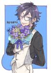  1boy ;) arm_behind_back bellflower black_hair black_shirt blue_background blue_eyes blue_ribbon border bouquet bungou_to_alchemist character_name chinese_bellflower collared_shirt cowboy_shot edogawa_ranpo_(bungou_to_alchemist) flower gloves hair_between_eyes hand_up holding holding_bouquet long_sleeves looking_at_viewer low_ponytail male_focus monocle one_eye_closed outside_border pants purple_flower ribbon rose shirt short_hair signature smile standing tasikanakoto vest white_border white_flower white_gloves white_pants white_rose white_vest 