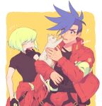  ! 2boys animal black_gloves black_shirt blue_eyes blue_hair blush cat closed_eyes clothes_around_waist commentary_request covering_own_mouth cropped_legs dirty firefighter_jacket galo_thymos gloves green_hair half_gloves hand_over_own_mouth hand_up highres holding holding_animal holding_cat holding_clothes holding_gloves jacket jacket_around_waist kome_1022 laughing lio_fotia looking_down male_focus mohawk multiple_boys open_clothes open_jacket open_mouth partial_commentary promare shirt short_hair short_sleeves sidelocks signature simple_background spiked_hair surprised sweat sweatdrop thick_eyebrows white_cat 