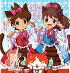  1girl amano_keita animal_ears bad_id bad_pixiv_id bell black_eyes bow brown_hair brown_legwear cat cat_ears closed_eyes commentary_request crossdressing dated drooling fangs hair_bow heart high_ponytail jibanyan jingle_bell kemonomimi_mode kodama_fumika long_hair looking_at_viewer multiple_tails notched_ear open_mouth paw_pose polka_dot short_hair smile tail thighhighs thought_bubble translation_request two_tails unmoving_pattern yamaki_suzume youkai youkai_watch 