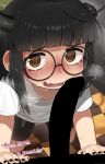  1girl @_@ absurdres ahoge bike_shorts blunt_bangs blush breath broken_horn brown_eyes brown_hair fang glasses heavy_breathing highres horns huge_penis imminent_fellatio itou_kaori_(vtuber) mizumizuni nail_polish original penis penis_on_face precum steam sweat 