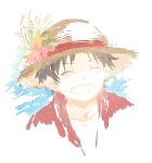  1boy ^_^ black_hair chinese_commentary close-up closed_eyes commentary_request fish191101756 flower hat highres male_focus monkey_d._luffy one_piece red_shirt scar scar_on_face shirt short_hair smile solo straw_hat 