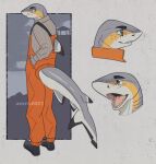 aevris anthro biped clothed clothing countershade_tail countershading dorsal_fin eyebrows fin fish gills grey_body hi_res male marine open_mouth shark sharp_teeth solo tail tail_fin teeth tongue
