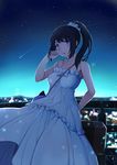  arm_behind_back bag bangs bare_shoulders black_hair blue_eyes blurry bokeh bow collarbone depth_of_field dress hair_tucking hibike!_euphonium highres holding instrument_case kousaka_reina light_particles long_hair looking_at_viewer md5_mismatch night night_sky outdoors ponytail railing scrunchie shoulder_bag sky sleeveless sleeveless_dress solo spaghetti_strap standing star_(sky) starry_sky twilight white_dress yingji_(zszero) 