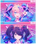  2girls @_@ ame-chan_(needy_girl_overdose) black_hair blonde_hair blue_bow blue_eyes blue_hair border bow chouzetsusaikawa_tenshi-chan closed_mouth double_v dual_persona glitch hair_bow hair_ornament hair_over_one_eye hands_up heart heart_in_eye highres interlocked_fingers long_hair long_sleeves looking_at_viewer multicolored_hair multiple_girls nail_polish needy_girl_overdose one_eye_closed open_mouth orri_(iirokagi) outline own_hands_together pill pink_bow pink_hair pixel_heart purple_bow quad_tails smile symbol_in_eye tearing_up twintails upper_body v v_over_eye white_border white_outline window_(computing) x_hair_ornament 