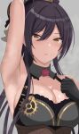  1girl armpit_focus armpit_stubble armpits baji_toufuu_(bajitohfu) bare_shoulders black_gloves blush breasts character_request check_character cleavage collarbone commentary_request eyelashes gloves grey_background hair_between_eyes hand_up highres idolmaster large_breasts long_hair purple_hair shirase_sakuya smell solo steaming_body sweatdrop upper_body yellow_eyes 