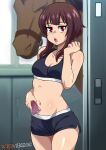  1girl absurdres bare_arms bare_shoulders black_shorts blush brown_hair cellphone commentary cowboy_shot crop_top hand_up highres holding holding_phone horse kono_subarashii_sekai_ni_shukufuku_wo! long_hair looking_at_viewer megumin midriff navel open_mouth phone red_eyes sebasdono short_shorts shorts smartphone solo sports_bra standing stomach sweat thighs 