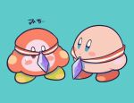  blue_background blush_stickers colored_skin crystal_shard kirby kirby_(series) kirby_64 looking_at_another ni_re no_humans pink_skin solid_oval_eyes sweat waddle_dee 