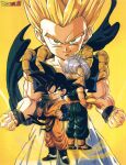  ass black_hair child dragon_ball dragon_ball_z fighting_stance gotenks highres multiple_boys orange_footwear pointy_hair saiyan simple_background smile son_goten standing trunks_(dragon_ball) yellow_background 