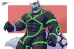 abs anthro armor big_bulge bodysuit bulge canid canine canis clothing detailed_bulge domestic_dog genital_outline green_eyes hi_res husky lifewonders littledradesu live_a_hero male mammal monomasa muscular muscular_anthro nordic_sled_dog pecs penis_outline red_sclera skinsuit solo spitz supervillain tight_clothing