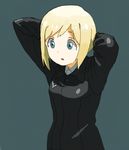  :o arms_behind_head bad_id bad_pixiv_id blonde_hair blue_background blue_eyes bob_cut erica_hartmann long_sleeves military military_uniform open_mouth shiratama_(hockey) short_hair simple_background solo strike_witches uniform world_witches_series 