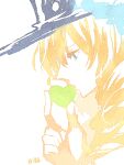  1boy blonde_hair blue_eyes cavendish close-up commentary drill_hair fish191101756 hat hat_feather heart kiss long_hair male_focus one_piece profile simple_background solo white_background 