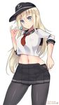  akatsuki_(kantai_collection) akatsuki_(kantai_collection)_(cosplay) bismarck_(kantai_collection) black_legwear blonde_hair blue_eyes breasts candy contrapposto cosplay covered_nipples crop_top dated food hat highres kantai_collection kuro_chairo_no_neko large_breasts lollipop long_hair midriff navel open_fly pantyhose pinky_out pleated_skirt school_uniform serafuku simple_background skirt solo standing twitter_username unzipped white_background 