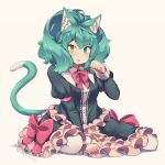  1girl :p animal_ear_fluff animal_ears between_legs black_dress bow breasts brown_background brown_eyes cat_ears cat_girl cat_tail closed_mouth commentary_request dress frilled_dress frills green_eyes green_hair hair_between_eyes hand_between_legs hand_up heterochromia juliet_sleeves kuromiya long_sleeves looking_at_viewer medium_breasts original pantyhose paw_pose pink_bow puffy_sleeves shadow simple_background smile solo tail tamamiya_tami tongue tongue_out white_pantyhose 