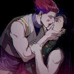  2boys alternate_hairstyle arm_grab bare_shoulders black_background black_hair blush closed_eyes crop_top face-to-face facing_another french_kiss from_side hair_slicked_back hand_on_another&#039;s_arm hand_on_another&#039;s_cheek hand_on_another&#039;s_face highres hunter_x_hunter illumi_zoldyck killua0u0 kiss korean_commentary leaning_forward leaning_on_person long_hair long_sleeves male_focus multiple_boys open_mouth profile red_hair runny_makeup saliva short_hair sleeveless tongue tongue_out upper_body wince yaoi 