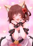  1girl ^_^ absurdres animal_ear_fluff animal_ears arm_garter bare_shoulders blush brown_hair cat_ears closed_eyes commentary_request dress facing_viewer fang frilled_wristband heart heart_background highres idolmaster idolmaster_million_live! kasuga_mirai kemonomimi_mode one_side_up pink_background raby_vivid skin_fang solo 