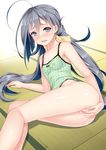  ahoge anus ass blush bottomless breasts camisole covered_nipples grey_eyes grey_hair highres indoors kantai_collection kiyoshimo_(kantai_collection) long_hair looking_at_viewer low_twintails masturbation nail_polish open_mouth polka_dot pussy pussy_juice saliva see-through small_breasts solo tatami tears twintails very_long_hair youqiniang 