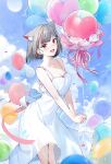  1girl animal_ear_fluff animal_ears balloon blush breasts cat_ears cat_girl cleavage collarbone commentary_request copyright_name dress earrings emyo extra_ears fang feet_out_of_frame grey_hair highres holding holding_balloon jewelry korean_commentary legs_together looking_at_viewer medium_breasts multicolored_hair neneko_mashiro open_mouth red_hair short_hair sleeveless sleeveless_dress solo standing stellive streaked_hair teeth too_many too_many_balloons two-tone_hair upper_teeth_only virtual_youtuber white_dress 