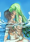  1girl :d black_hair c.c. code_geass couple creayus day face from_side green_hair hetero hug lelouch_lamperouge long_hair looking_at_another nude open_mouth outdoors partially_submerged profile sketch skinny_dipping sky smile water yellow_eyes 