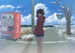  1girl black_hair blue_shorts cloud commentary_request cumulonimbus_cloud film_grain hand_in_own_hair hand_in_pocket highres hood hood_down hooded_jacket inami_hatoko jacket looking_back original outdoors power_lines red_eyes red_jacket road road_sign shadow short_hair shorts sign snow solo standing utility_pole vending_machine 