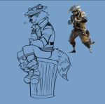 anthro clothed clothing epic_games fortnite male mammal pouting procyonid raccoon rufus_(fortnite) saintbullart sitting sketch smile smiling_at_viewer smirk smirking_at_viewer solo tail trash_can