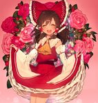  ascot bow brown_hair closed_eyes curtsey detached_sleeves flower hair_bow hair_tubes hakurei_reimu highres long_hair long_sleeves misoni_comi open_mouth pink_flower pink_rose red_flower red_rose rose shirt skirt skirt_set smile solo touhou wide_sleeves 