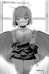  antennae blush breasts butterfly_wings cleavage danbo_(rock_clime) dress_shirt greyscale highres insect_girl large_breasts looking_at_viewer monochrome monster_girl off_shoulder original shirt short_hair skirt smile solo translation_request window wings 
