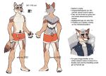 5_fingers aevris anthro biped canid canine canis clothed clothing coyote english_text eyebrows fingers male mammal model_sheet open_mouth open_smile pawpads smile solo tail text topless topless_anthro topless_male underwear underwear_only xantho_(aevris)
