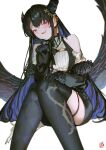  1girl artist_logo asymmetrical_horns bare_shoulders black_bow black_bowtie black_gloves black_hair black_jacket black_skirt black_thighhighs black_wings blue_hair bow bowtie breast_strap clothing_cutout collared_shirt colored_inner_hair commentary demon_horns dress dress_shirt feathered_wings feet_out_of_frame flower_knot fur-trimmed_jacket fur_trim gloves hair_ornament hand_on_own_chin hand_on_own_knee highres hololive horns jacket jewelry knees_together_feet_apart long_hair long_sleeves looking_at_viewer low_wings miniskirt mole mole_under_eye multicolored_hair nerissa_ravencroft nerissa_ravencroft_(1st_costume) off_shoulder open_mouth pencil_skirt red_eyes ribbed_shirt ring sen-jou shirt shoulder_cutout simple_background sitting skirt smile solo swept_bangs symbol-only_commentary tassel tassel_hair_ornament teeth thigh_strap thighhighs two-tone_hair uneven_horns upper_teeth_only virtual_youtuber waistcoat white_background white_shirt wings 